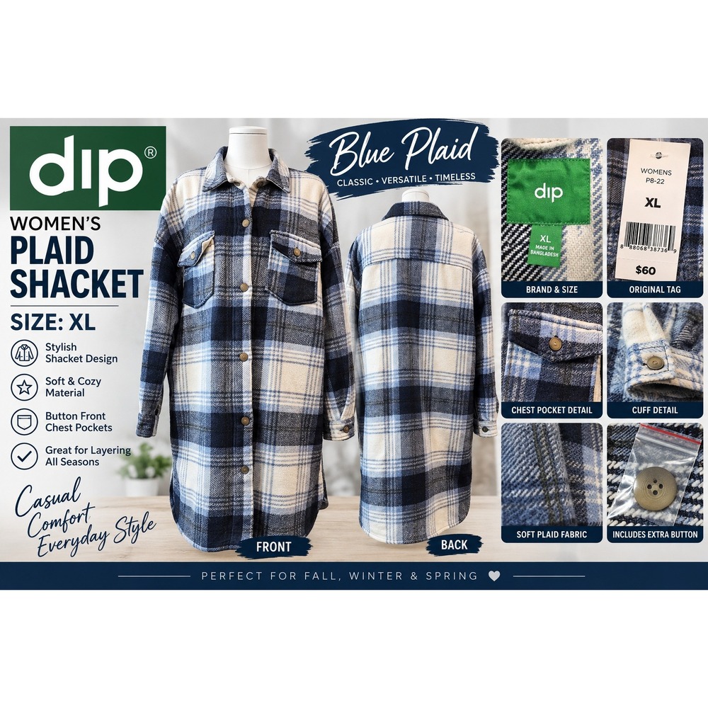 Dip Womens Blue Plaid Shacket Longline Button Front Shirt Jacket XL New